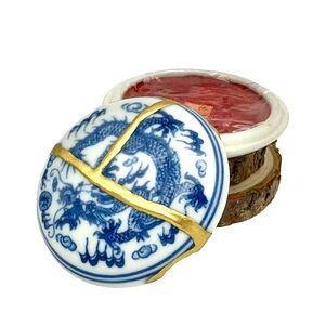 Kintsugi Chinese Porcelain Dragon 5-Claw Blue White Box Gold Crack Growth Gift